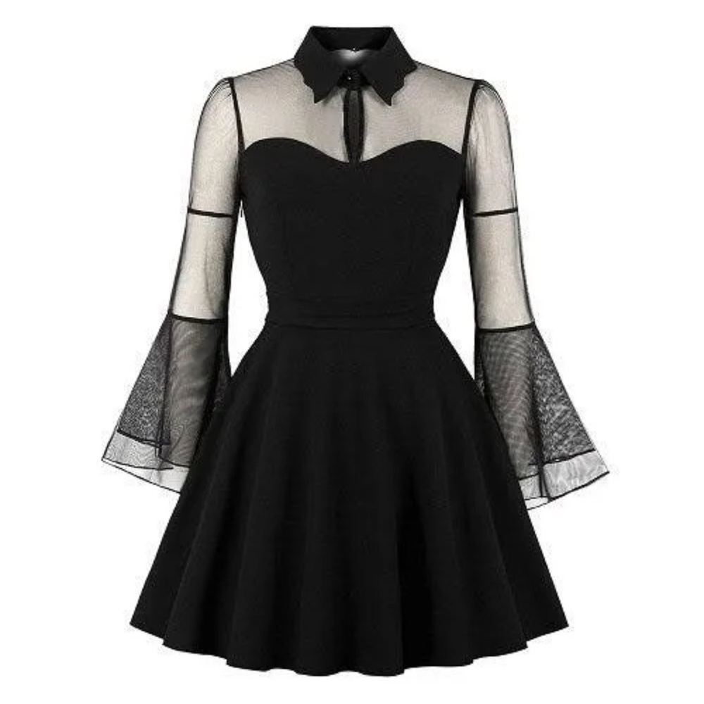 The Gossamer Bat Dress sheer illusion wednesday addams bat collar bell sleeve XL - Picture 2 of 6